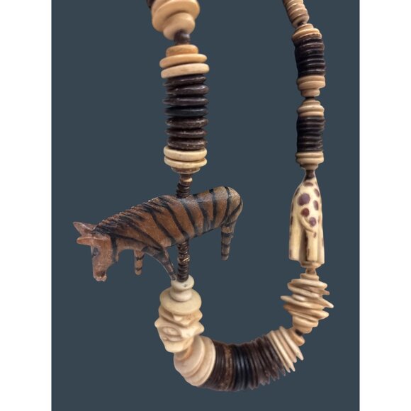 Handmade Wooden Beaded Necklace With Carved Giraffe & Zebra Pendants - Picture 9 of 15